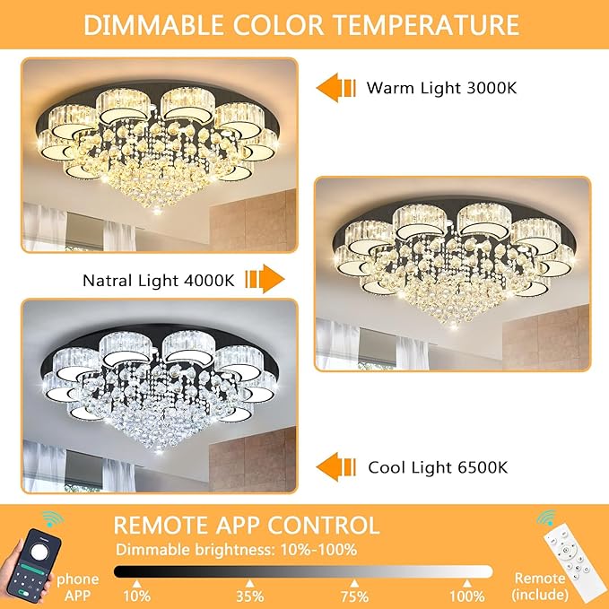 40'' Black Modern Crystal Chandeliers for Dining Room LED Dimmable Light Fixtures Flush Mount Light Living Room Bedrooms