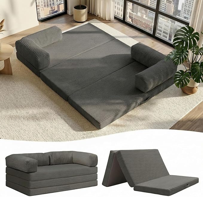 JUIKURY Folding Sofa Bed, Convertible Sleeper Chair with Pilow Foldable Matress, 2 in 1 Pull Out Loveseat Sofa Portable Fold Out Chair Bed Floor Couch Lounge for Living Room (Grey, Queen-82"L x 60"W)