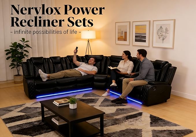 Power Recliner Sofa Set, Power Sectional Sofa for Living Room, Black Breathing Leather Sectional Couch, Loveseat and Chair Sets with LED, USB Charging, Cup Holders, Storage for House/Office