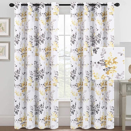 H.VERSAILTEX Room Darkening Window Curtains Thermal Insulated Curtain Panels for Bedroom Privacy Assured Window Treatment (2 Panels, 52 inches Wide by 95 inches Long, Floral Pattern Grey and Yellow)