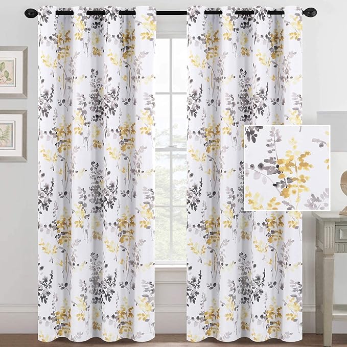 H.VERSAILTEX Curtains for Bedroom Room Darkening Curtains 84 Inch Length 2 Panels Set Thermal Insulated Drapes for Living Room Vintage Classical Floral Pattern Window Treatments, Grey and Yellow