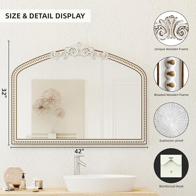 Large Baroque Arched Wall Mirror: 42x32 Inchces Wooden Mirror - Ornate Vintage Decorative Mirrors for Living Room, Entryway, Bedroom, Fireplacce