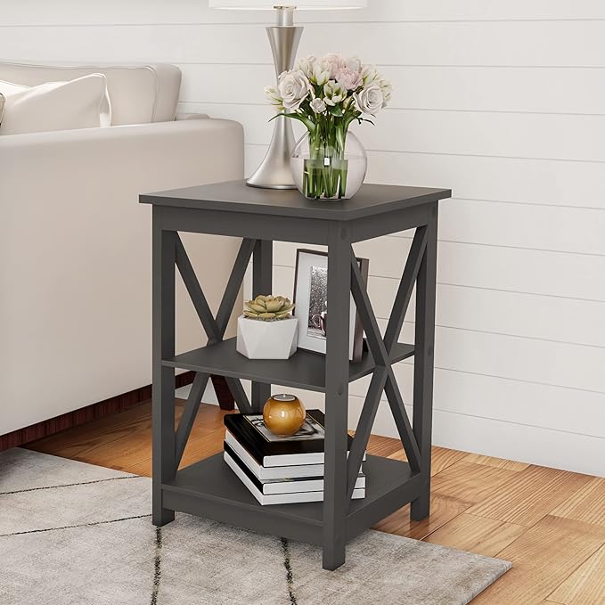 Lavish Home Wooden End Table - Modern Style Sofa Side Table with X-Leg Design and Two Shelves - Small Furniture for Living Room or Bedroom (Gray)