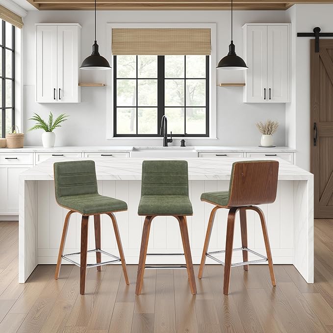 Vienna Modern Counter Height Swivel Bar Stool with Vintage Green Upholstered Seat and Walnut Finished Wood Frame Set of 4