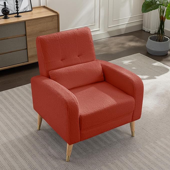 Dolonm Mid-Century Modern Accent Chair, Upholstered Armchair Living Room Chair, Comfy Single Sofa Chair with Sturdy Legs for Living Room Bedroom, Red