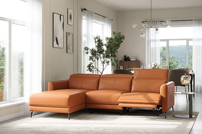 Valencia Andria Left-Facing Sectional Leather Sofa 99.5" | Italian Nappa 11000 Top-Grain Leather Reclining Sofa | Electric Power Recliner | Stainless Steel Leg, Cognac