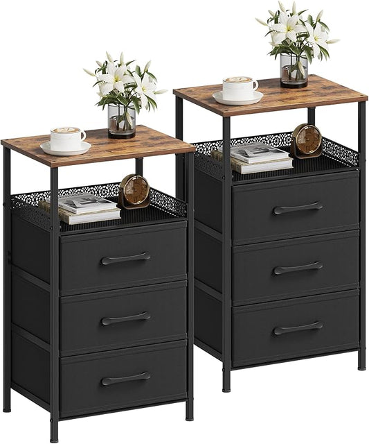Nightstand Set of 2, Night Stands with 3 Fabirc Drawers, 26.4 Inch Tall Bedside Table with Metal Shelf, Modern Side End Table Storage Furniture, Small Dresser for Bedroom, Rustic Brown