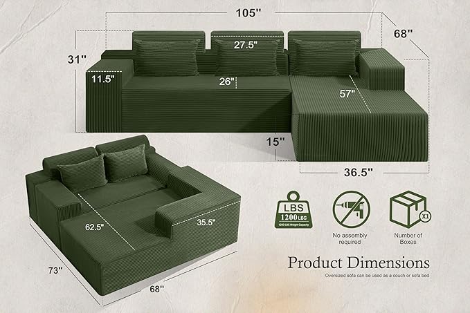 HABUTWAY Sectional Couches for Living Room,No Assembly L Shaped Couch 105" Modular Sectional Sofa Couch with Deep Seat,Cloud Couches Furniture Sets for Apartment,Corduroy (Green, Right Facing)