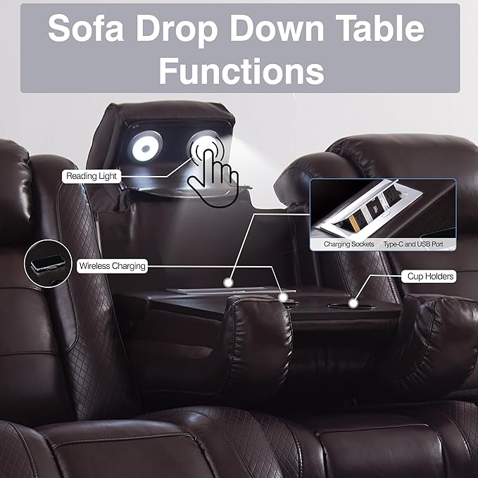 THSUPER Brown Leather Power Recliner Sofa Couch with Arm Storage and Power Headrest, Leather Living Room Reclining Couch with Cup Holders and Wireless Charging. | LED ambient light, Reading light, Hidden outlet, USB and Type-C port