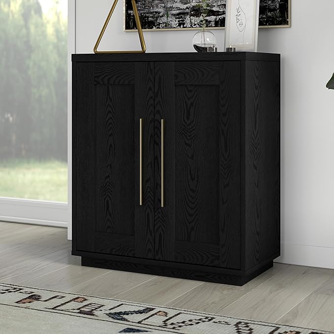 Henn&Hart 28" Accent Cabinet, Modern Sideboard Buffet Cabinet with 2 Panel Doors, an Adjustable Shelf and Cable Management Cut-Out for Living Room, Dining Room, Bedroom or Entryway, Black Grain