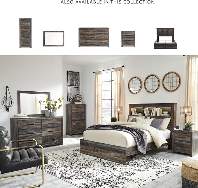 Signature Design by Ashley Drystan Rustic Queen Bookcase Bed with Open Cubbies and LED Lights, Foundation or Box Spring Needed, Dark Brown & Gray