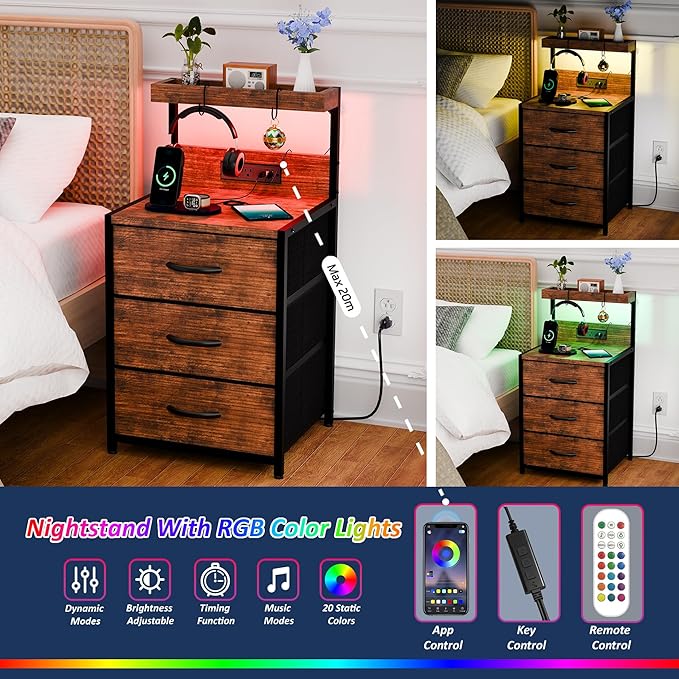 Nightstands Set of 2, End Table with LED Light and Charging Station Type C, 3 Drawers Storage Dresser Night Stand with Hooks, Tall Bed Side Table for Bedroom Dorm, Rustic Brown