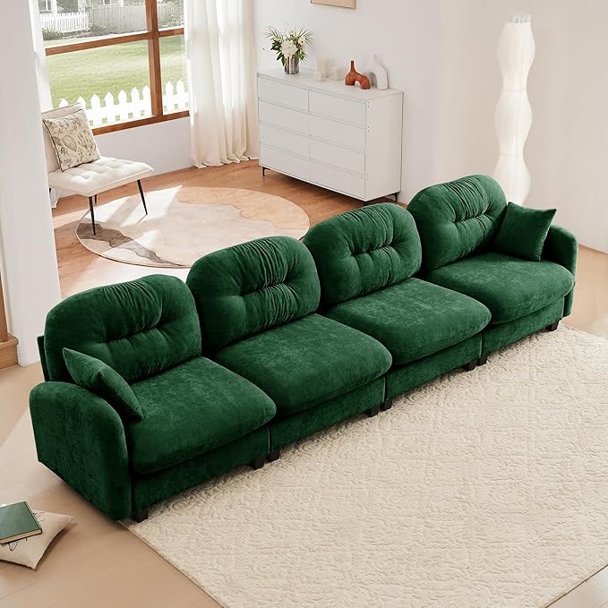 KEIKI 140" Oversized Chenille Modular Sectional Sofa with High-Density Foam Cushion and Tufted Pleated Cushion Backrest, Upholstered Modern 4-Seater Cloud Couch with 2 Pillow, for Living Room, Green