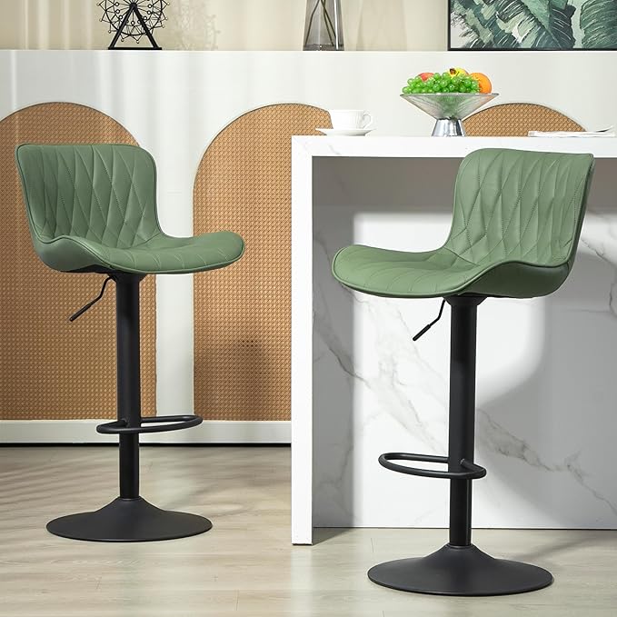 Finnhomy Bar Stools Set of 2, Modern 360° Swivel Faux Leather Bar Stools, 24"-32.5" Seat Height with Back, 330 lbs Capacity, SGS Gas Lift, Upholstered Kitchen Chairs for Kitchen Island, Green
