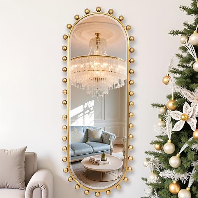 Oval Full-Length Wall Mounted Mirror 20" x 51", Antique Gold Beaded Beveled Mirror with Ball Frame, Vertical & Horizontal Hanging Wall Mirror for Bathroom, Bedroom, Dressing Room, Entryway