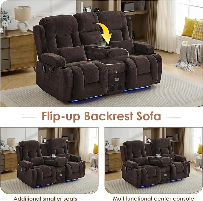 TUNYI Wall Hugger Loveseat Recliner Sofa with Console, Power Reclining Loveseat RV Couch with Massage & Heat/USB/Outlet/Storage/LED Light/Speaker (Brown)