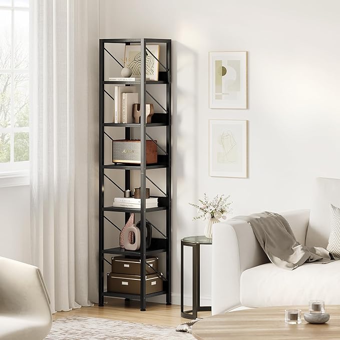 IDEALHOUSE Narrow Bookshelf Tall Skinny Bookcase 6 Tier Storage Rack Rustic Corner Shelf Metal Frame Small Freestanding Bookshelves Industrial Display Stand for Bedroom, Living Room, Home Office