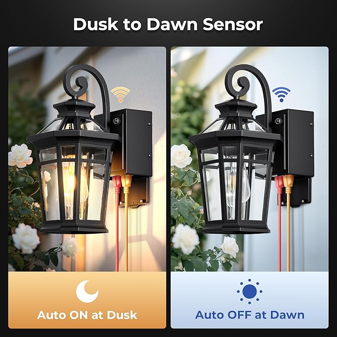 Porch Light with GFCI Outlet, Black Dawn to Dusk Outdoor Light Fixture with Outlet, Exterior Wall Lights with Beveled Glass, Anti-Rust Front Door Lights Wall Mount, Garage Outdoor Lighting, E26
