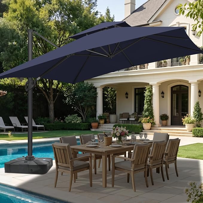 FLAME&SHADE 8.2 X 8.2 FT Cantilever Patio Umbrella - Large Offset Umbrella Outdoor Patio with 360-Degree Rotation and 3-Year Fade Resistance Fabric for Deck Pool Backyard Garden, Dark Blue