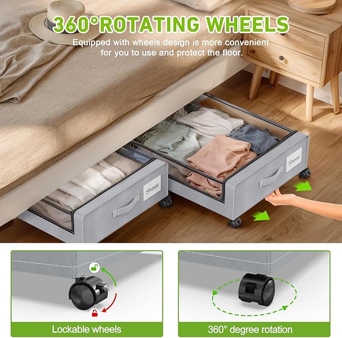 Under Bed Storage with Wheels, 4 Pack Under bed Storage Containers with Clear Lids & Zippers, Under Bed Shoe Storage Organizer, Rolling Underbed Storage for Clothes, Shoes, Blankets (Grey)
