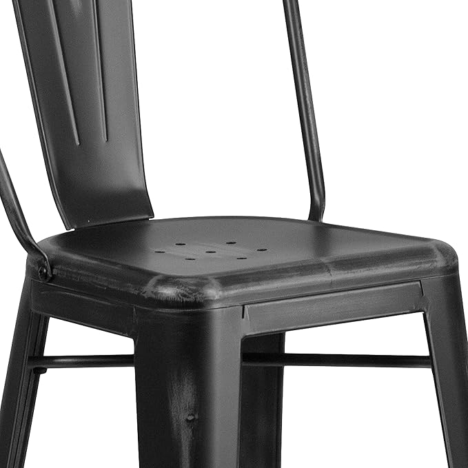 Flash Furniture Commercial Grade 30" High Distressed Black Metal Indoor-Outdoor Barstool with Back