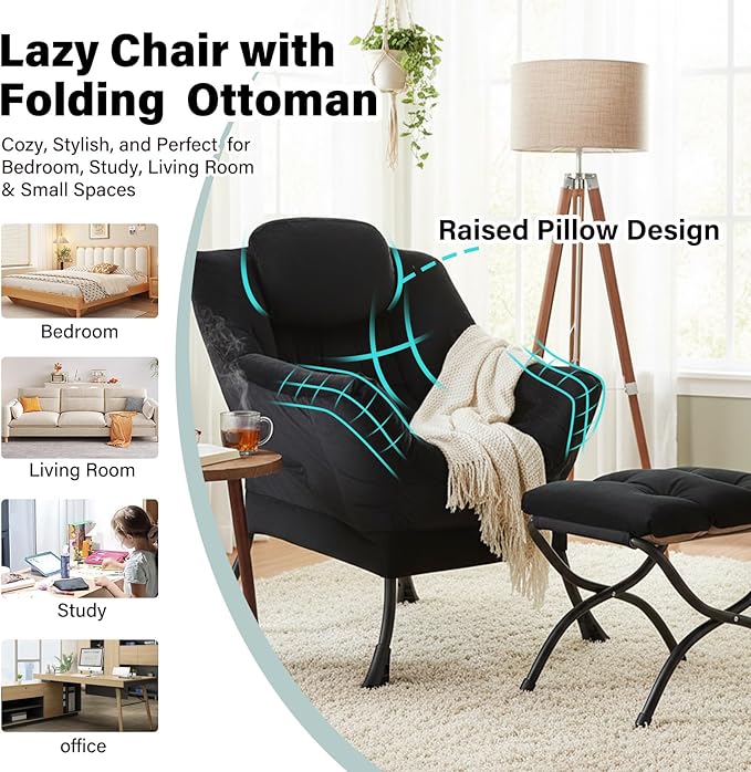 Lazy Chair with Ottoman, Modern Chair with Folding Footrest, Velvet Black Accent Chair, Comfortable Reading Chair, Oversized Armchairs for Bedroom, Study, Living Room, Courtyard
