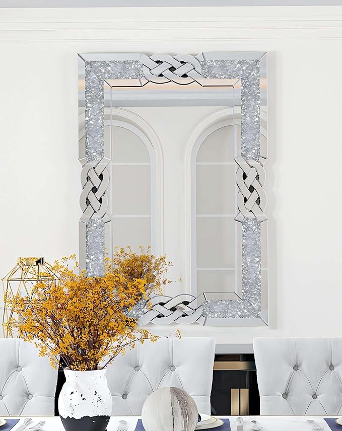Crushed Diamond Mirror Silver Vanity Rectangular Wall Decor 40x28 inch