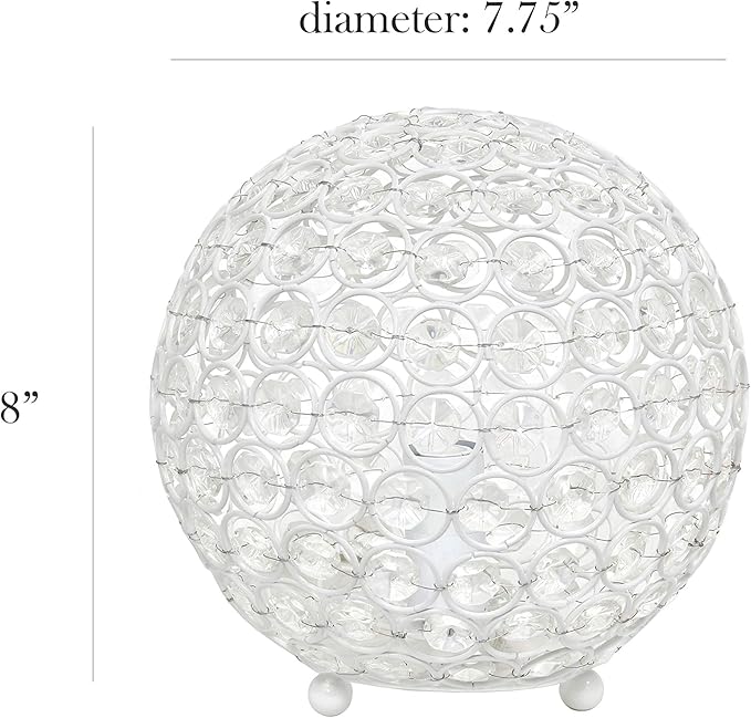 Elegant Designs LT1026-WHT 8" Elipse Crystal Collection Metal Crystal Ball Sequin Table Desk Lamp for Accent Lighting, Décor, Living Room, White