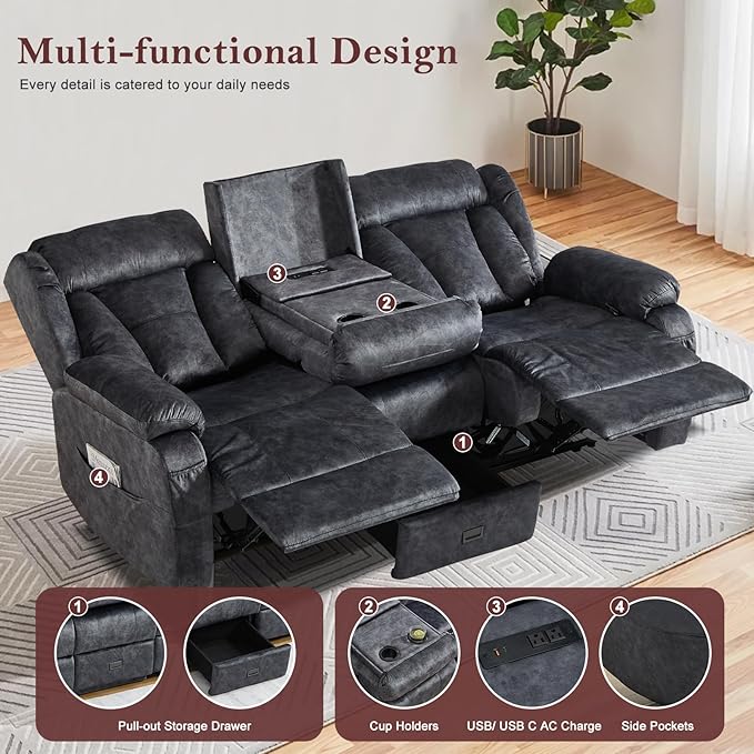 77.2" Manual Reclining Loveseat Sofa - Wall Hugger 3 Seat Loveseat Recliner with Console, Fold-Down Table and Built-in Outlets, Recliner Couch for Living Room RVs Home Theater Seating(Gray, 3 Seater)