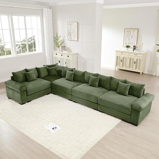 KEIKI 146" L-Shaped Oversized Corduroy Modular Cloud Sectional Sofa with High-Density Foam Cushion, Extra-Thick Armrest, Convertible 5-Seater Fluffy Corner Couch with 18 Pillow, for Living Room, Green