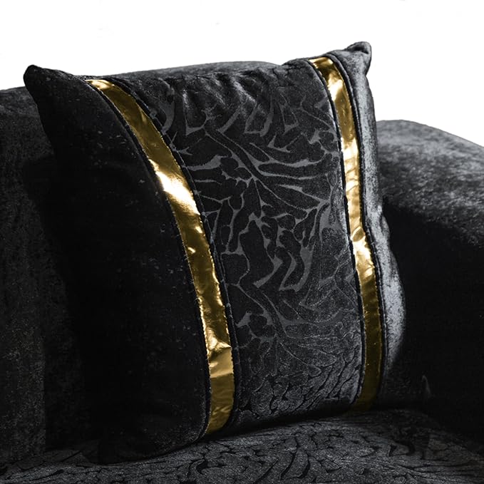 Furniture of America Samison II Glam Solid Wood Upholstered Loveseat with Accent Pillows, Damask Pattern and Gold Base, Soft Couch for Living Room, Bedroom, Office, Black