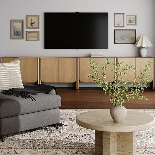 Nathan James Jacala Mid Century Modern Media Console Cabinet or TV Stand, Entryway Storage Cabinet with Doors or Credenza with Wood Frame, Raw Oak, Set of 4