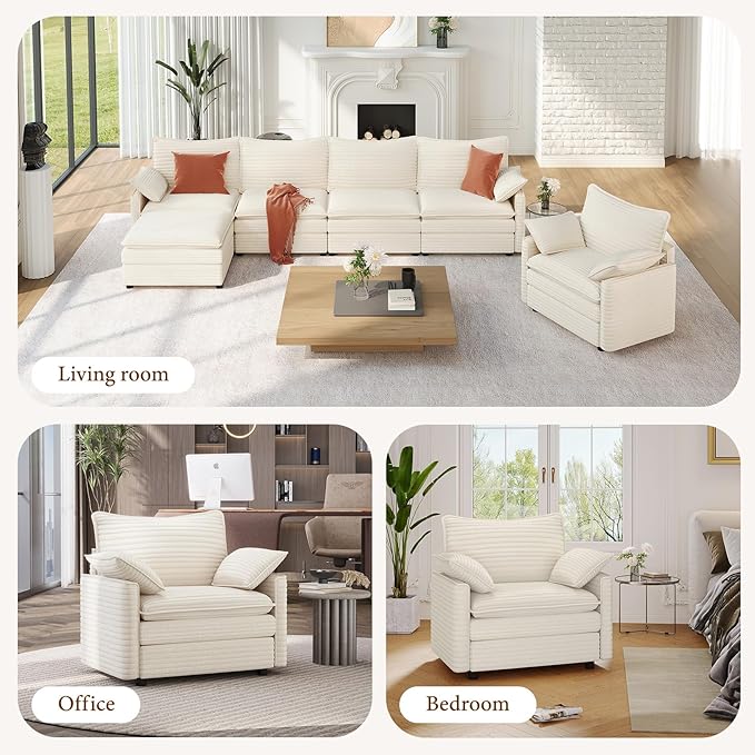 Vesgantti 40" Single Seat Sofa, Comfy Cloud Couch Deep Seat Upholstered Couch Corduroy Modern Sofa with Armrest Pillow, Easy Assembly for Living Room, Bedroom and Apartment, Beige | Sink-in Comfort, Height Adjustable, Easy Rearrangement, Extra-deep Ott...