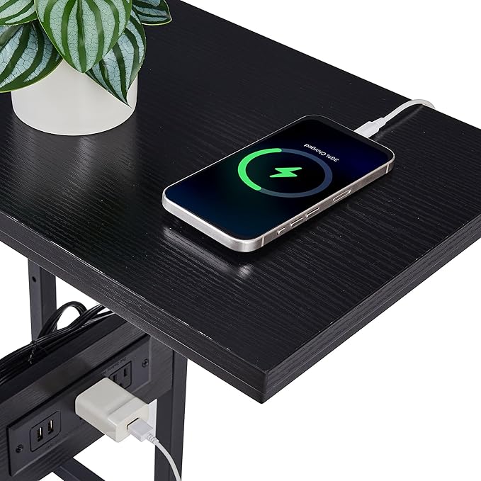 VECELO C Shaped End Side Table with Charging Station & Power Outlets for Couch Sofa/Bed, Snack TV Tray with Metal Frame for Living Room Bedroom 1 Set, Black