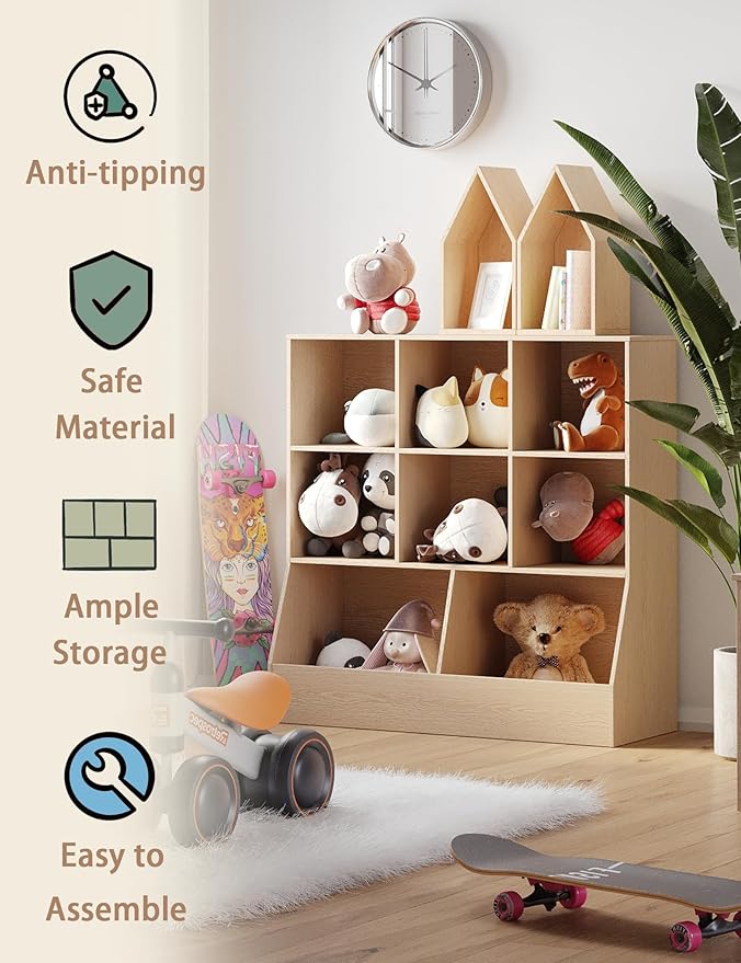 DINZI LVJ Toy Storage Organizer, Kids Bookshelf, Wood Toy Storage Cabinet, 3-Tier 8 Cubby Children Bookcase, 39.4" L Toddler Book Shelf for Playroom, Living Room, Nursery, Hallway, School, Natural
