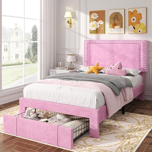 VECELO Twin Size Bed Frame with Storage Drawer, Adjustable Velvet Rivet Decor Headboard, Wooden Slats Support Platform, No Box Spring Needed, Easy Assembly
