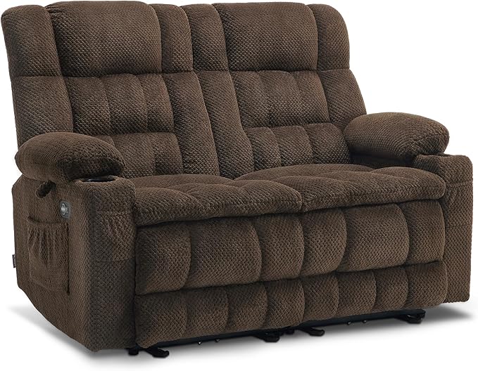MCombo 57" Reclining Loveseat with Heat and Massage, Zero Gravity Recliner Loveseat Sofa with Dual USB Charging Ports for Living Room, Fabric 6314 (Brown)
