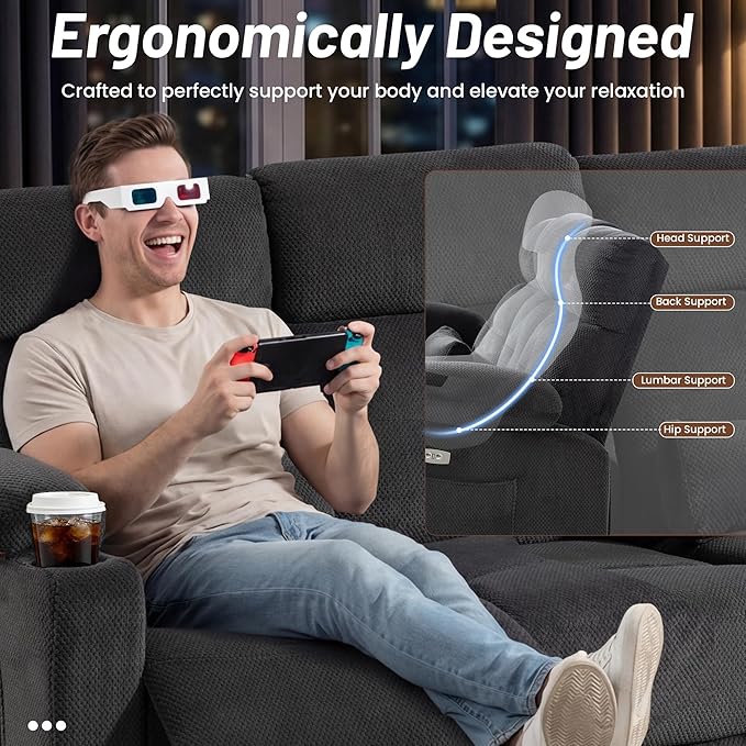Power Reclining Sofa with Heat and Massage| RV Wall Hugger Recliner Sofa with Electric Tilt | RV 3 Seater Recliner Sofa for Living Room (Sofa Grey)