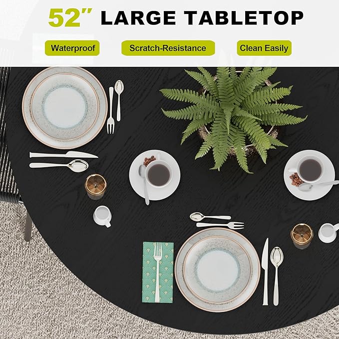 Casaphoria 52" Round Dining Table for 4-6, Farmhouse Style Table with Stripes Base, Easy Assembly for Living Room, Kitchen, Bar, Black