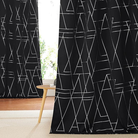 NICETOWN Blackout Curtains for Patio, Modern Foil Printed Geometric Line Home Decoration Thermal Insulated Grommet Blackout Drapes for Large Window Living Room (2 Panels, 52 inches x 95 inches, Black)