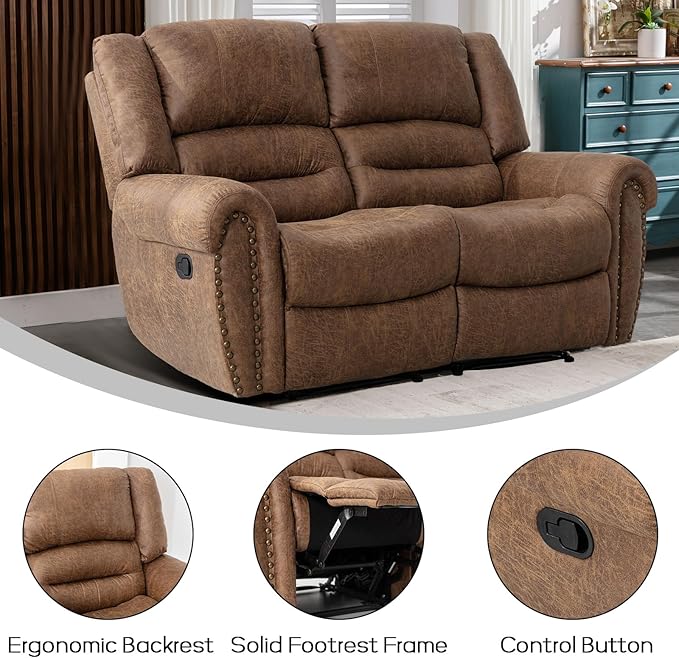 EBELLO Faux Leather Manual Loveseat Recliner, 2 Seat Reclining Sofa Chair with Soft Padded Seat Backrest, Couch Sofa Set for Living Room, Bedroom Furniture, Meeting Room, Brown (Loveseat)