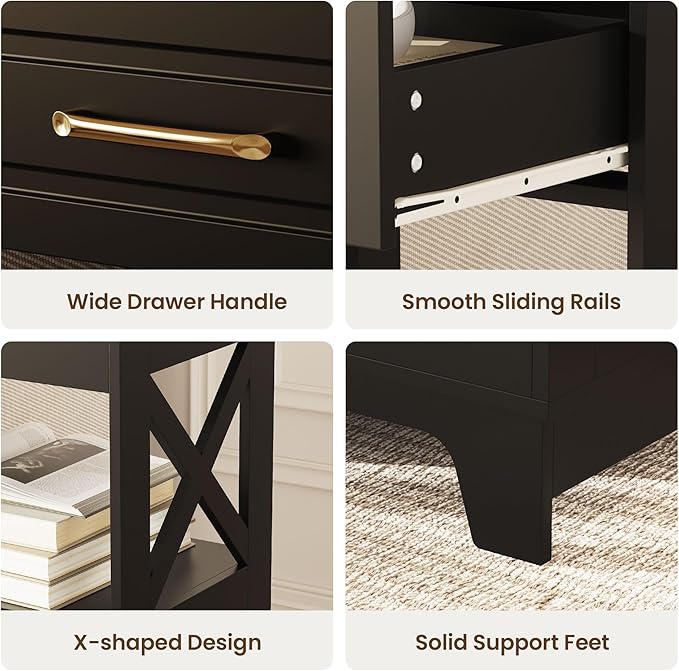 Tall Nightstand Set of 2 Side Table with 2 Drawers Modern Night Stand Wooden End Table Bedside Table with Upper Open Shelf Solid Feet for Bedroom Black