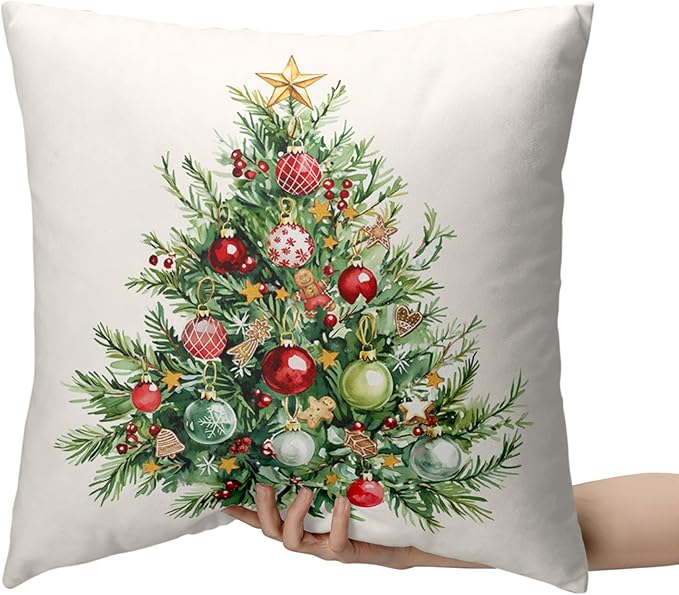 Set of 2 Christmas Tree Pillow Covers Xmas Wreath Throw Pillow Covers Red and Green Decorative Pillow Case 18x18 Winter Holiday Cushion Case for Home Decor Couch Sofa