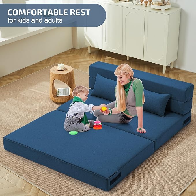 SUYOLS Folding Sofa Bed with Pillows- Convertible Chair Floor Couch & Sleeping Mattress, Foldable Memory Foam Sleeper for Living Room/Dorm/Guest Room/Home Office/Apartment/Loft, Full, Navy Blue
