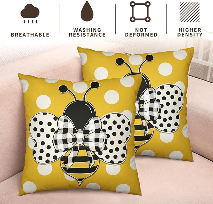 Summer Pillow Cases 24x24 Inch Set of 2 Honey Bee Polka Dots Decorative Yellow Throw Pillow Covers Cute Bumblebee Linen Square Cushion Cover for Farmhouse Living Room Couch Decor