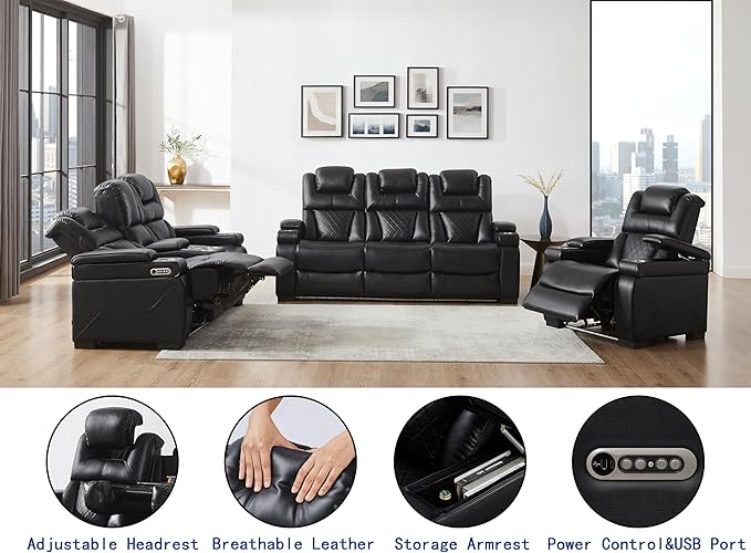 THSUPER Power Breathable Leather Reclining Sofa Set with 7-Color LED Light, Living Room Recliner Couch with Adjustable Headrest/Reading Light/USB Port/Wireless Charing/Bluetooth Speaker, Black