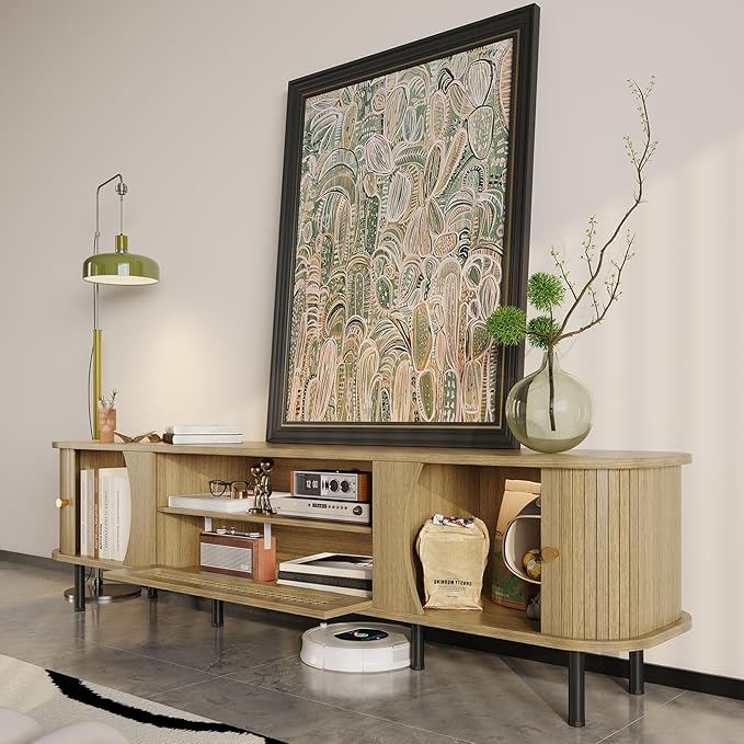 basenji 71" Fluted TV Stand with Sliding Doors & Rattan,Mid Century Modern Entertainment Center with Storage,Curved Edge Design,Media Console for TVs up to 85",TV Consoles for Living Room,Wood