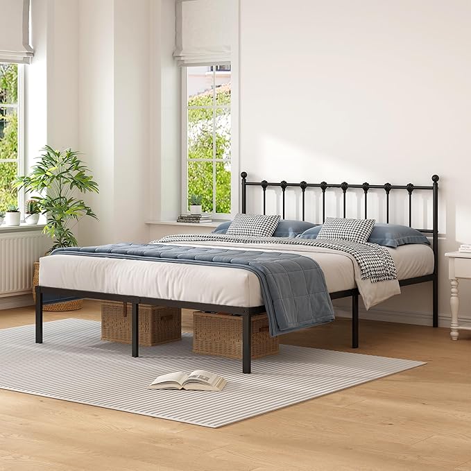 Queen Size Bed Frame with Modern Headboard, Metal Platform Bed Base with Strong Support, No Box Spring Needed, Easy Assembly, Noise Free，Black