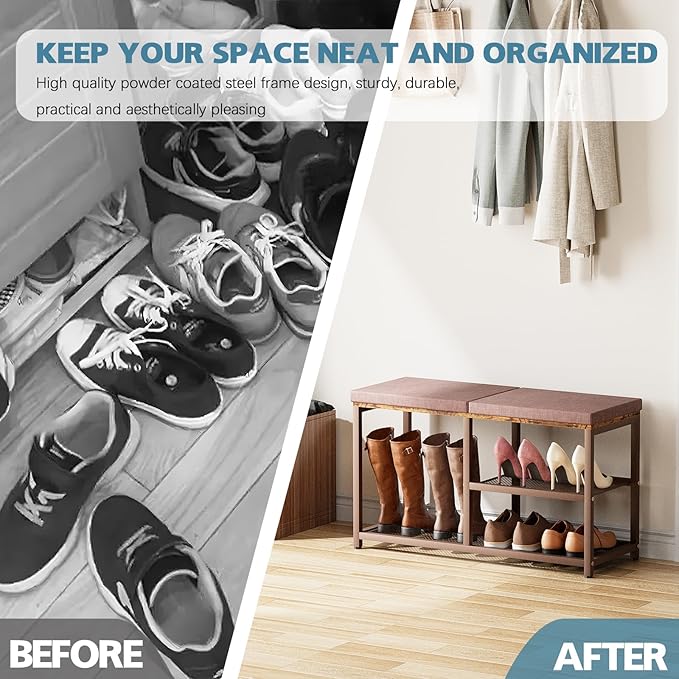 Shoe Rack Bench for Entryway 3-Tier, Free Standing Shoe Racks with Seat Cushion, Narrow Shoe Storage Shelf with Boot Organizer, Shoe Rack for Small Spacesh with Wood Bench (Brown + Coffee)
