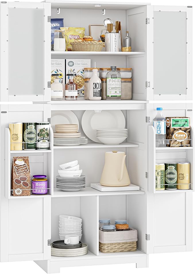 Tall Kitchen Pantry, 67-Inch High Freestanding Tall Cupboard Storage Cabinet with Glass Doors and Shelves, Modern Food Pantry Cabinet Cupboard White for Kitchen, Dining Room, Home bar